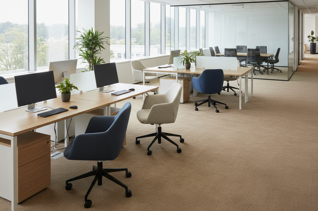 zona birouri cu mocheta si scaune tapitate